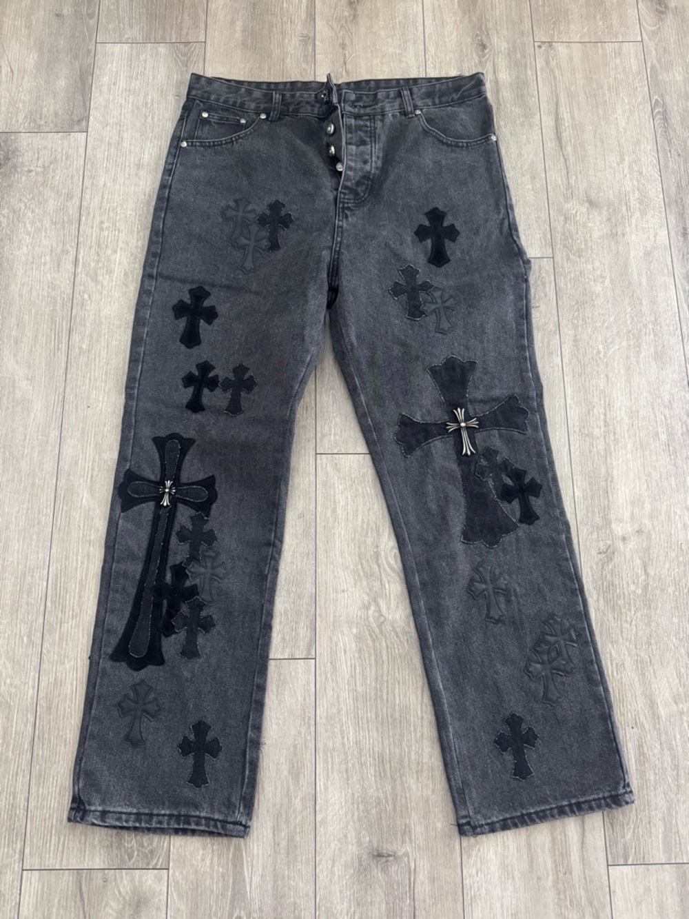 Chrome Hearts Black Cross Appliqué Straight Jeans